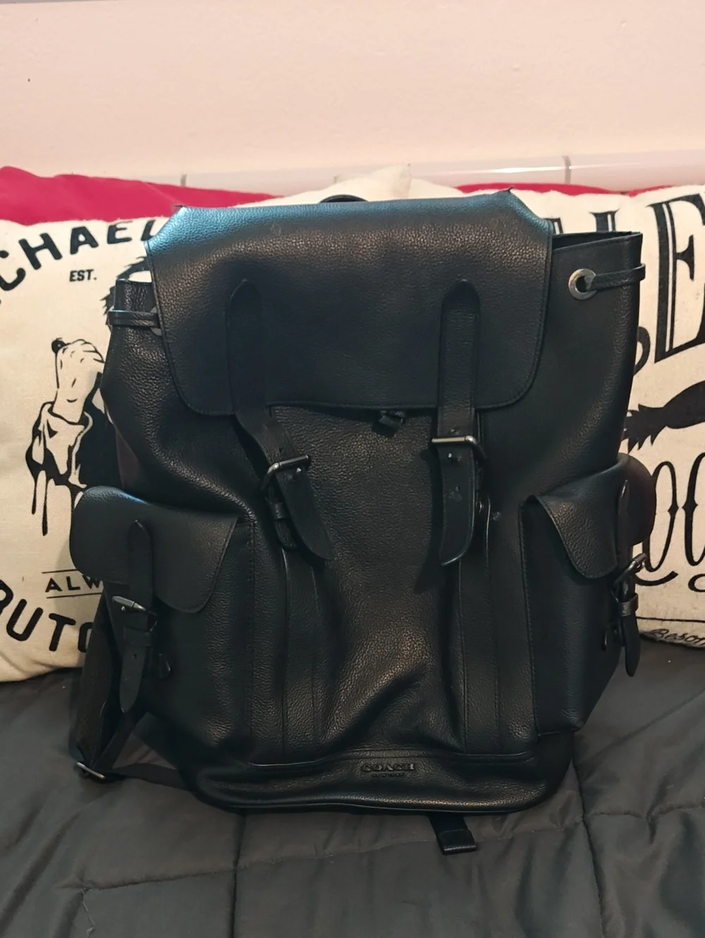 Authentic Coach Black Pebbled Leather Buckle Backpack